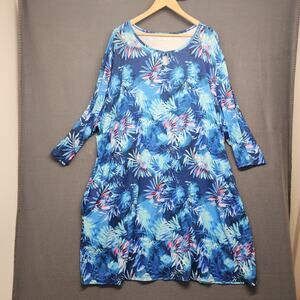 Reel Legends Keep It Cool Womens 4X Blue Tropical Dress 3/4 Sleeve Keyhole
